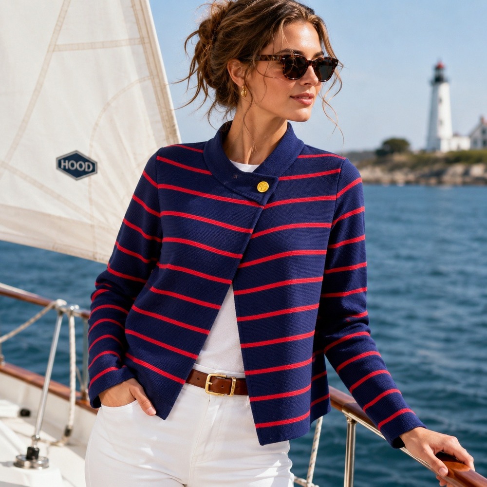 Striped Cardigan Sweater 14 Navy Red Coastal Preppy Nautical New England